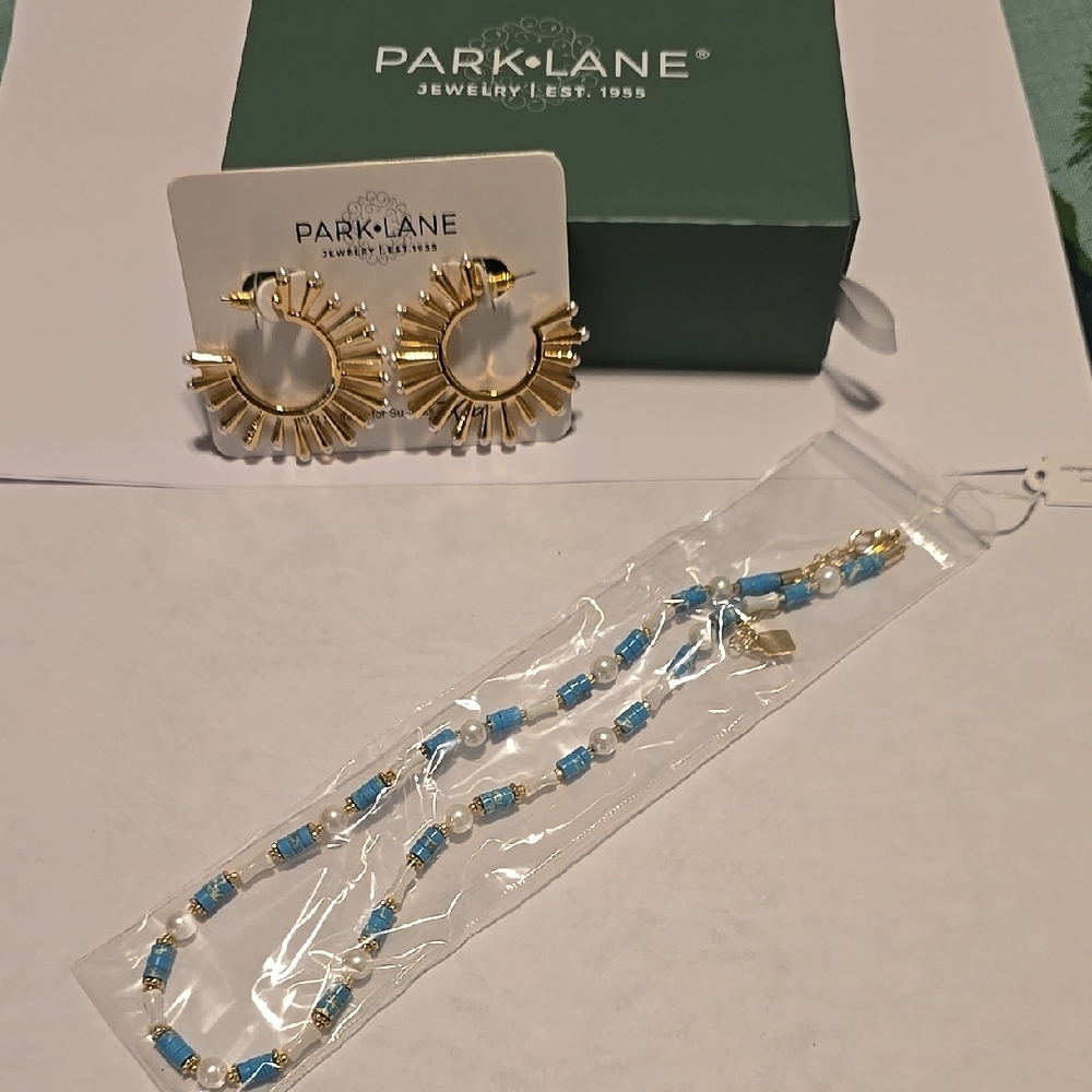 Park Lane Gold Hoop Earrings and Blue Beaded Necklace Set